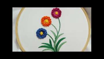 Hand embroidery of flowers with Scroll Stitch and leaves with stem stitch